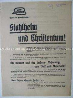 Flugblatt des Bunds der Frontsoldaten "Der Stahlhelm" zur Frage seiner Verbindung zum Christentum