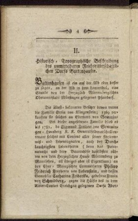 II. Historisch-Topographische Beschreibung des unmittelbaren Reichsritterschaftlichen Dorfs Buttenhausen.