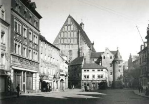 Meißen-Altstadt. Kleinmarkt. Blick von der Marktgasse zur ehemaligen Franziskanerkirche (1350-1400)