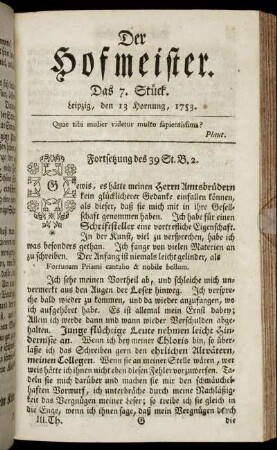 Das 7. Stück. Leipzig, den 13 Hornung 1753.