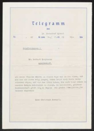 Brief von Hans Christoph Kaergel an Gerhart Hauptmann