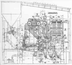 Steilrohrkessel, Fünf-Trommel-Typ, Längsschnitt (Hanomag, Hannover) : Technikgeschichte | Maschinenbau | Kraftmaschinen | Dampfkesselalagen, Feuerungen