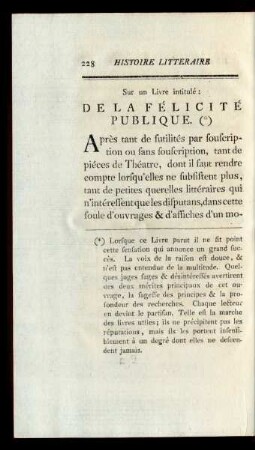 Sur un Livre intitulé: De La Félicité Publique. (*)