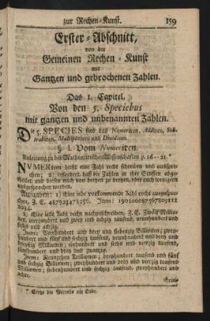 Das 1. Capitel, Von den 5. Speciebus mit gantzen und unbenannten Zahlen