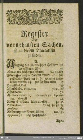 Register Der vornehmsten Sachen, so in diesem Tractätlein zu finden