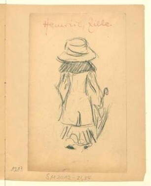 Frau in Rückansicht mit Hut und Regenschirm
