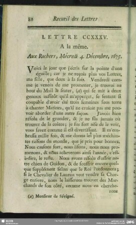 Lettre CCXXXV. A la même. Aux Rochers, Mécredi 4. Décembre, 1675