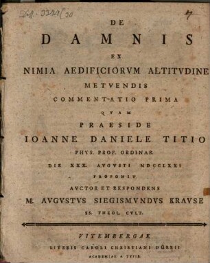 De damnis ex nimia aedificiorum altitudine metuendis commentatio prima