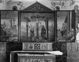 Hochaltar : Hochaltar. Holz, bemalt (1568). Rohrmoos (Oberstdorf), Kapelle Sankt Anna, Hauptraum, Westwand