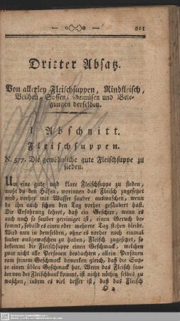 Dritter Absatz. Von allerley Fleischsuppen, Rindfleisch, Brühen, Sossen, Gemüsen und Belegungen derselben