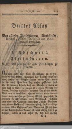 Dritter Absatz. Von allerley Fleischsuppen, Rindfleisch, Brühen, Sossen, Gemüsen und Belegungen derselben
