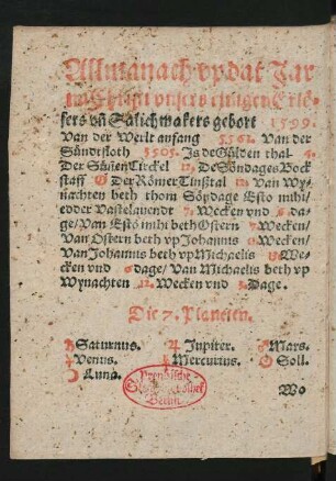 Allmanach up dat Jar na Christi ... gebort 1599.