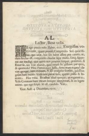 A. L. Lector, Bene velis.