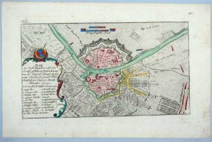 Stadtplan von Dresden, Altstadt und Neustadt, mit den Vorstädten und Stadtbefestigungen sowie einer Legende während des Siebenjährigen Krieges (1756-1763) mit Einzeichnung der Armeen und der Zerstörungen in Dresden durch Beschuss