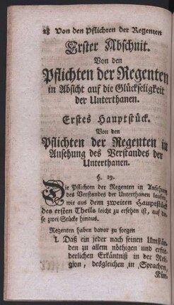Erster Abschnit. Von den Pflichten der Regenten in Absicht auf die Glückseligkeit der Unterthanen.