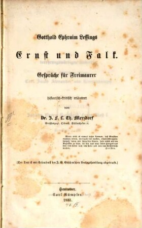 Ernst und Falk Gotthold Ephraim Lessings Ernst und Falk : Gespräche für Freimaurer