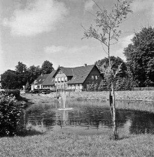 Dorfstraße: Dorfteich mit Springbrunnen: vorn rechts Baum: links Strauch: hinten Haus und Bäume