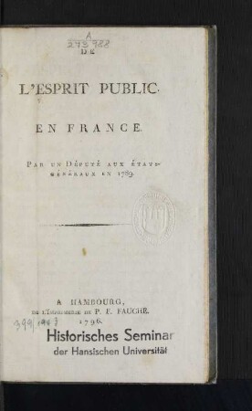 De L'Esprit Public En France