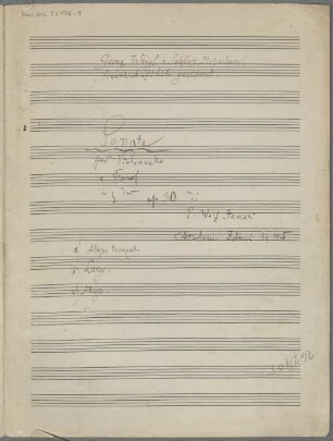 Sonatas, vlc, pf, op.30, G-Dur - BSB Mus.ms. 23176-1 : Georg Weigl in Salzburg, Mozarteum // freundschaftlich gewidmet. // Sonata // per Violoncello // e Pianof // in g dur // op. 30 di // E. Wolf-Ferrari // Alt-Aussee Febbraio 1945 // a) Allegro tranquillo // b) Largo. // c) Allegro.