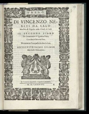 Vincenzo Neriti da Salo: Il secondo libro di Canzonette à quattro voci ... Basso