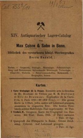 Antiquarischer Lager-Catalog von Max Cohen & Sohn (Fr. Cohen) in Bonn. 14. [ca. 1867]