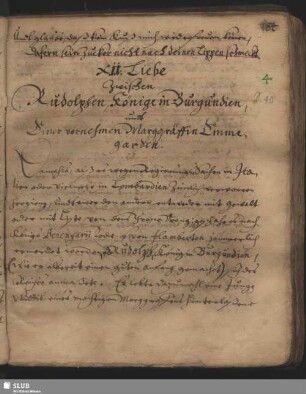 XII. Liebe Zwischen Rudolphen, Könige in Burgundien undt Einer vornehmen Marggräffin Emmegarden.