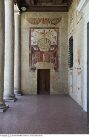 Scheinarchitektur mit mythologischen Szenen und Landschaften zwischen Groteskendekoration, Pergola und Tempel mit weiblichen Figuren und Narren, umgeben von Grotesken und Girlanden