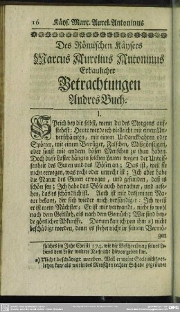 Des Römischen Käysers Marcus Aurelius Antoninus Erbaulicher Betrachtungen Andres Buch