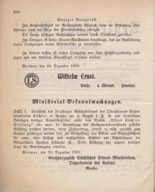 142. Ministerial-Bekanntmachung, betreffend die Errichtung der "Alfred Küchler-Stiftung" in Apolda