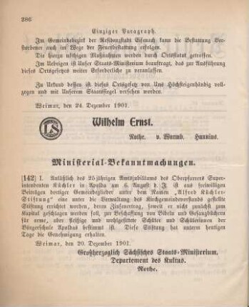142. Ministerial-Bekanntmachung, betreffend die Errichtung der "Alfred Küchler-Stiftung" in Apolda