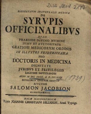 Dissertatio Inavgvralis Medica De Syrvpis Officinalibvs