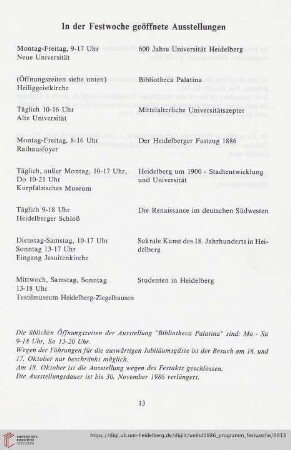 In der Festwoche geöffnete Ausstellungen