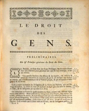 Le droit des gens ou Principes de la loi naturelle : appliqués à la conduite et aux affaires des nations et des souverains, 1