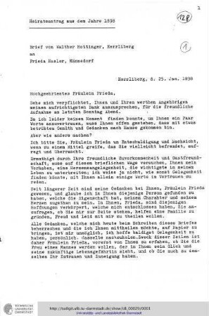 Einzelbrief von Hottinger, Walter an Hasler, Frieda
