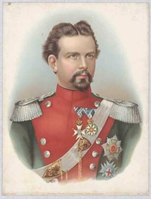 König Ludwig II. von Bayern in Uniform, Schärpe und Orden, Brustbild in Halbprofil