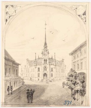 Rathaus, Nauen Monatskonkurrenz August 1885: Perspektivische Ansicht der Eingangsseite