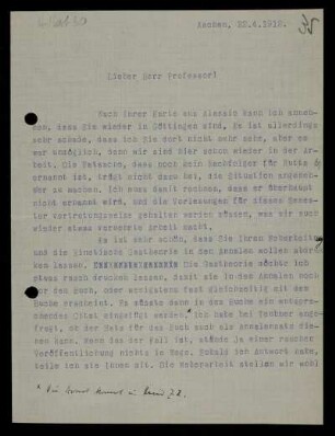 Nr. 35: Brief von Otto Blumenthal an David Hilbert, Aachen, 22.4.1912