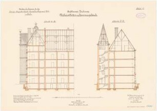 Kaserne des Garde-Kürassier-Regiments und des Königin-Augusta-Garde-Grenadier-Regiments Nr. 4, Berlin: Garde-Cürassier-Regiment, Verheirateten-Kammergebäude: Querschnitt, Längsschnitt 1:100
