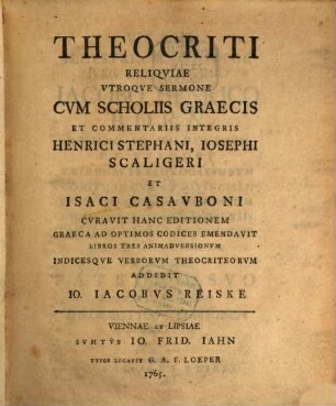 Theocriti Reliquiae Utroque Sermone. [1], Libros Tres Animadversionum