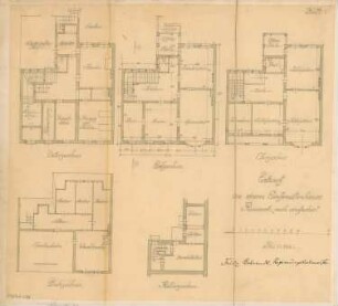 Einfamilienhaus Monatskonkurrenz Dezember 1905: Grundriss Keller, Untergeschoss, Erdgeschoss, Obergeschoss, Dachgeschoss 1:100; Maßstabsleiste