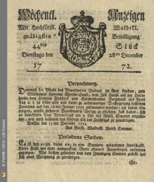 44tes Stueck, Dienstags den 28ten December 1772