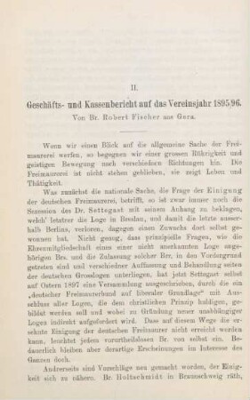 II. Geschäfts- und Kassenbericht auf das Vereinsjahr 1895/96. Von Br. Robert Fischer aus Gera.