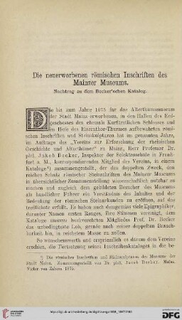 3: Die neuerworbenen römischen Inschriften des Mainzer Museums : Nachtrag zu dem Becker´schen Katalog, [1]