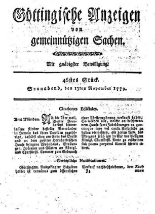 46tes Stück. Sonnabend, den 13ten November 1779.