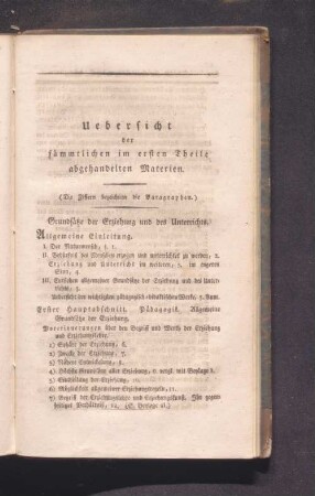 Uebersicht der sämtlichen im ersten Theile abgehandelten Materien.