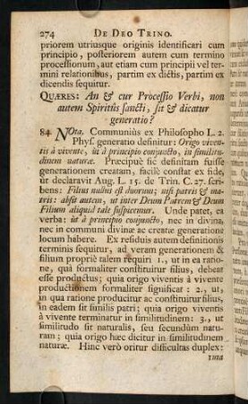 274-291, Quaeres: An & cur Processio Verbi, non autem Spiritûs sancti, sit & dicatur generatio?
