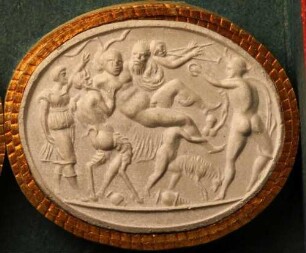Der betrunkene Bacchus (Dionysos) wird von Silenus, einem Satyr und einem Genius getragen (Daktyliothek, Supplement)