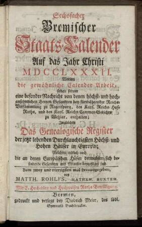 1782: Bremischer sechsfacher Staats-Calender