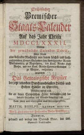 1782: Bremischer sechsfacher Staats-Calender