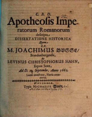 Apotheosis imperatorum Romanorum descripta dissertatione historica